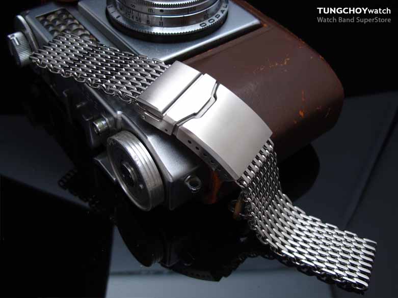 21mm , 22mm Ploprof 316 Reform Stainless Steel "SHARK" Mesh Watch Band, Chamfer Diver Clasp, Polished