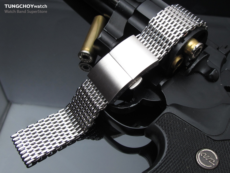 19mm, 20mm Ploprof 316 Reform Stainless Steel "SHARK" Mesh Watch Band Dome Deployant Strap Polish