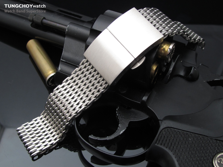 19mm, 20mm Ploprof 316 Reform Stainless Steel "SHARK" Mesh Watch Band Dome Deployant Strap Brush