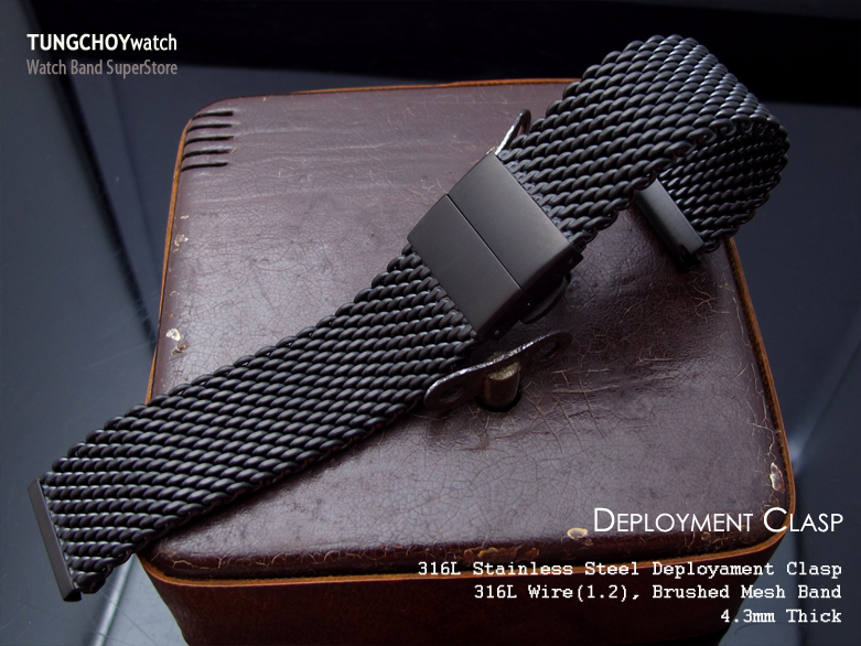 20mm PVD Black 316L Stainless Steel Mesh Watch Bracelet, Solid End Lug, Deployant clasp