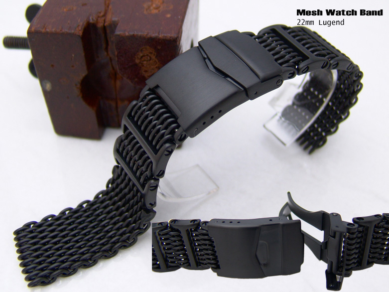 22mm Flexi "SHARK" Mesh Watch Band Milanese Band Diver Watch Bracelet PVD Black