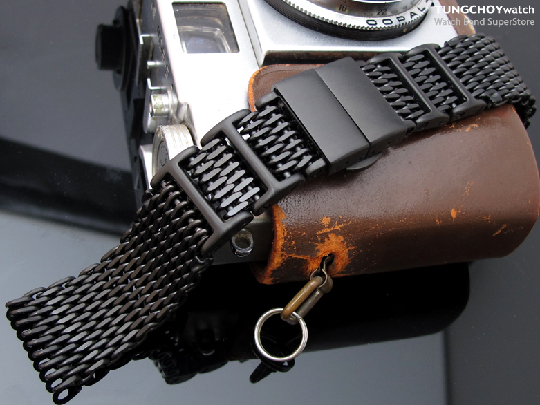 New Flexi 24mm Matte Flatten PVD Black "SHARK" Mesh Divers Watch Band, Deployant Bracelet