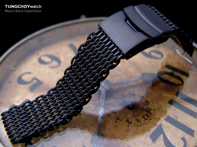 22mm Retro Ploprof "SHARK" Mesh Watch Band Milanese Divers Watch Bracelet PVD Black X Short