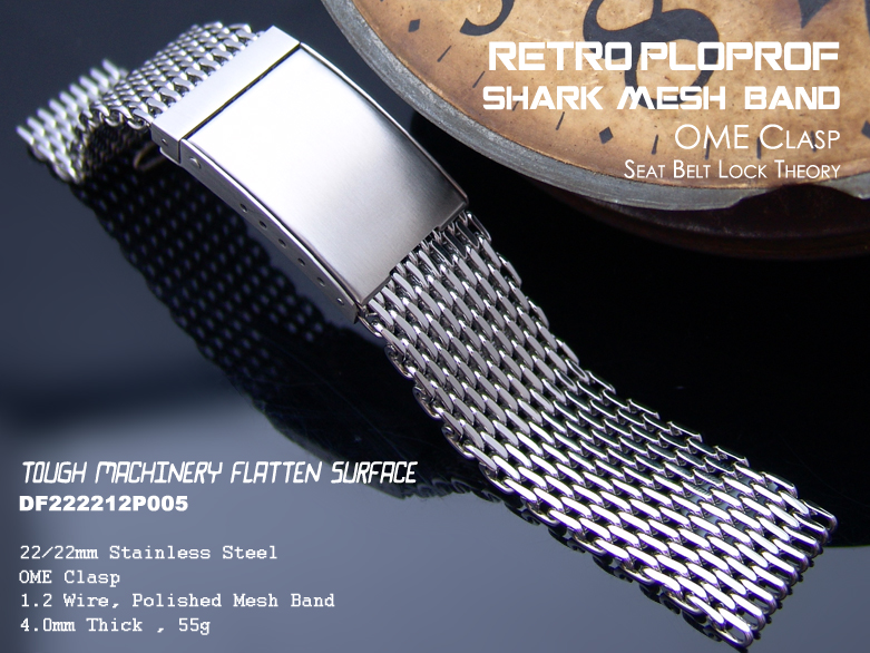 22mm or 23mm Retro Ploprof Flatten "SHARK" Mesh Watch Band OME Clasp P