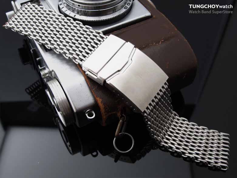 24mm or 25mm Retro Ploprof Flatten "SHARK" Mesh Watch Band Milanese Band, Chamfer Diver Clasp, Brush