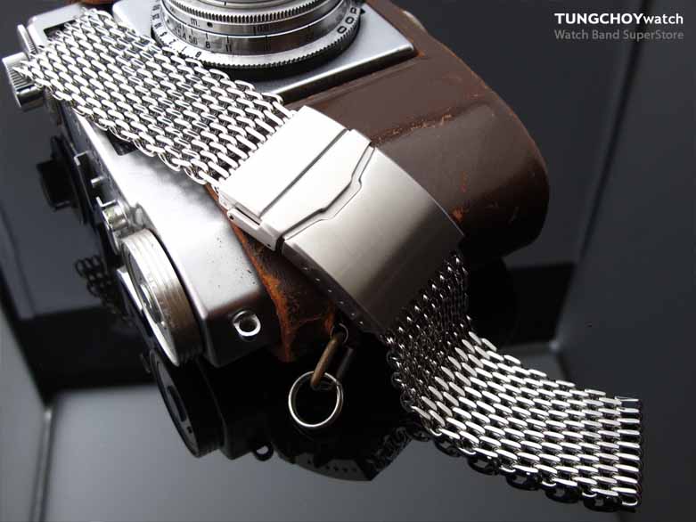 24mm or 25mm Retro Ploprof Flatten "SHARK" Mesh Watch Band Milanese Band, Chamfer Diver Clasp, Polish