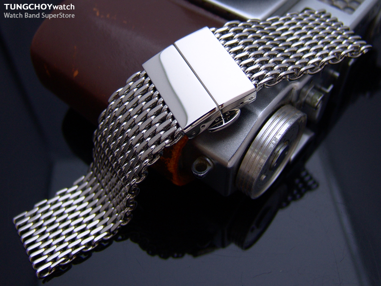 21mm, 22mm or 23mm Flexi Retro Ploprof "SHARK" Mesh Watch Band Deployant Strap P X Short