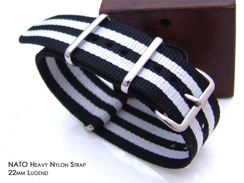 Nato 22mm James Bond Double Black-White Watch Band Polished Buckle