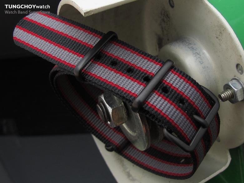 20mm G10 Nato James Bond Heavy Nylon Strap PVD Black Buckle - J12 Black, Red and Grey