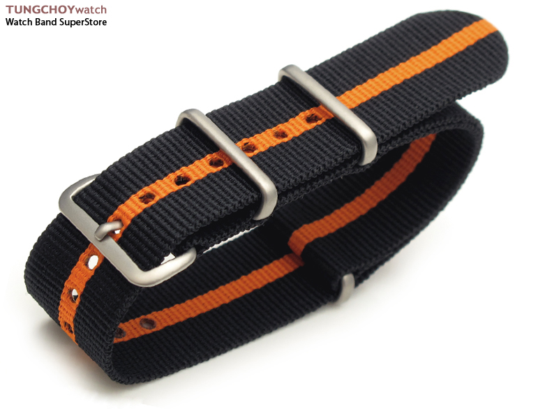 20mm G10 Nato James Bond Heavy Nylon Strap Brushed Buckle - Black-Orange-Black