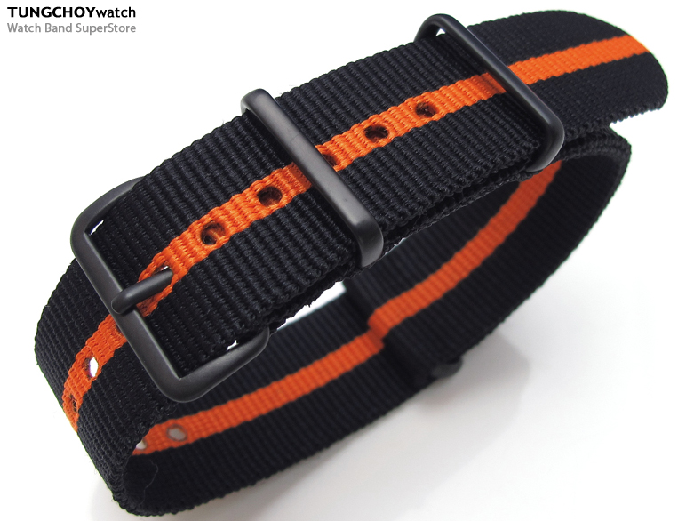 20mm G10 Nato James Bond Heavy Nylon Strap PVD Black Buckle - Black-Orange-Black