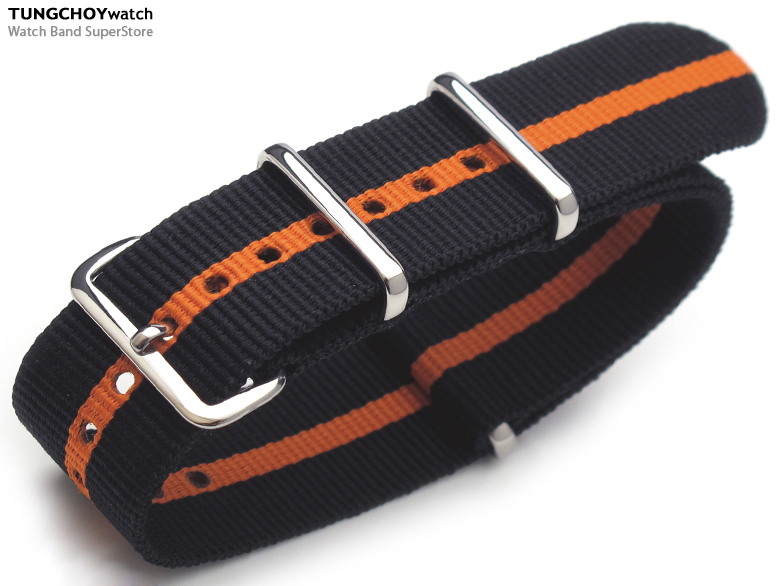 20mm G10 Nato James Bond Heavy Nylon Strap Polished Buckle - Black-Orange-Black