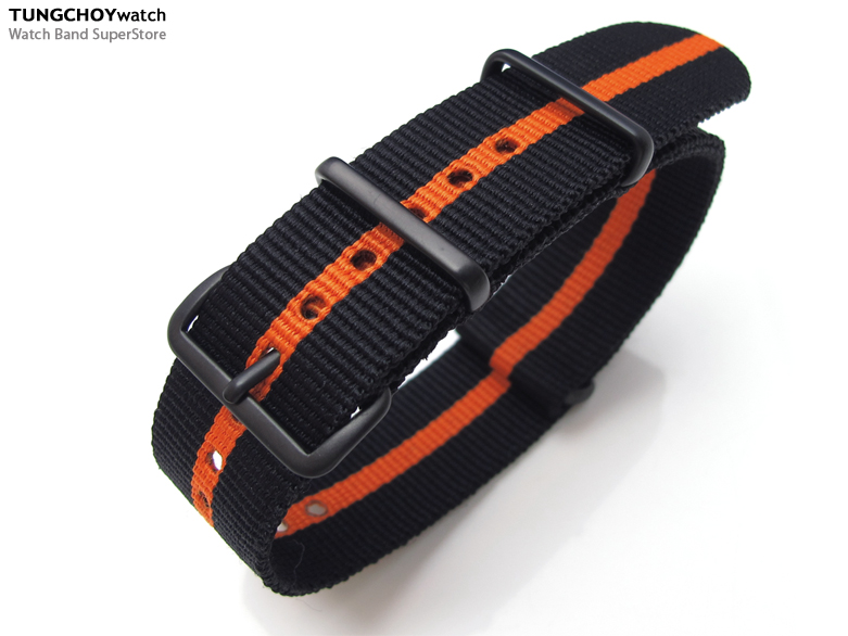 22mm G10 Nato James Bond Heavy Nylon Strap PVD Black Buckle - Black-Orange-Black