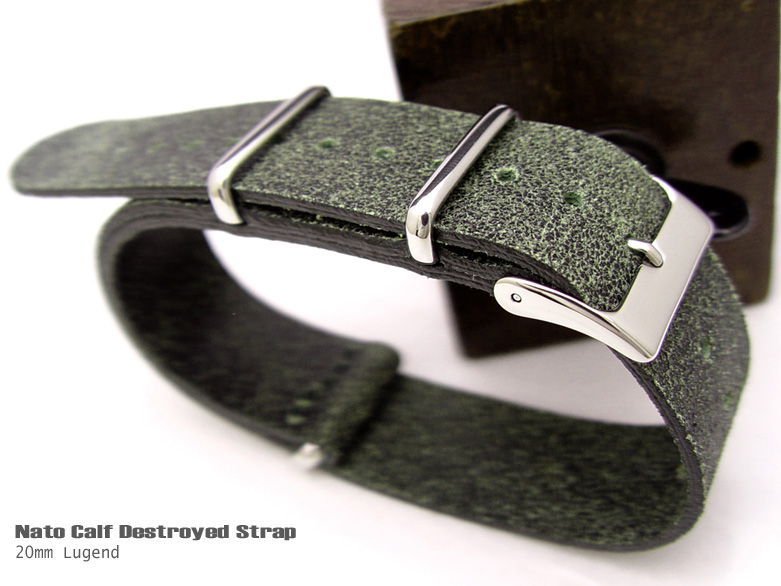 (NATO20-LEDDGreen-P)20mm Nato Calf Destroyed Green - Polished Watch StrapDestroy