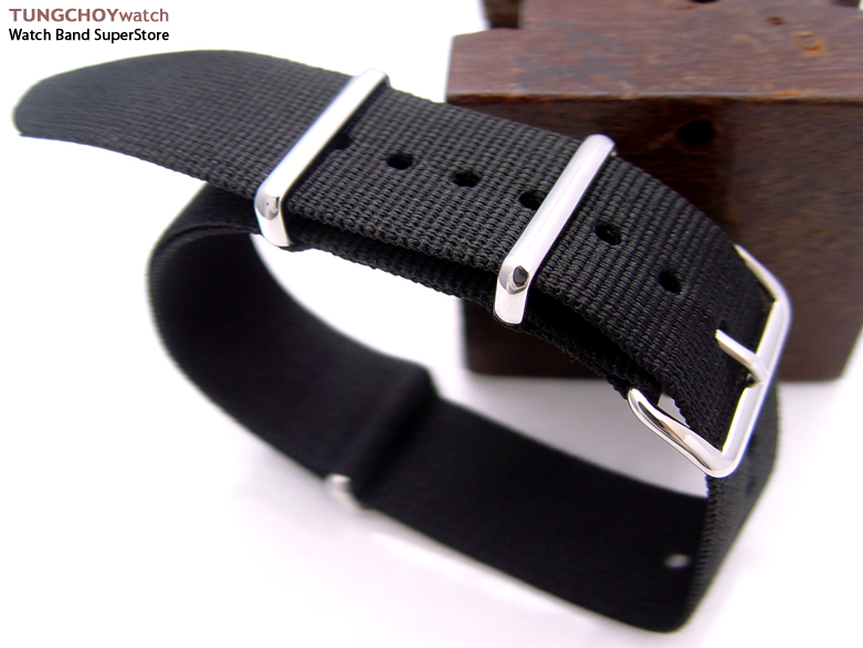21mm Nato Heavy Nylon Black Strap Polished Keepers & Buckle