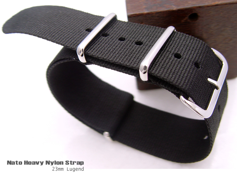 Heat Sealed 23mm Nato Heavy Nylon Black Strap Polished Buckle
