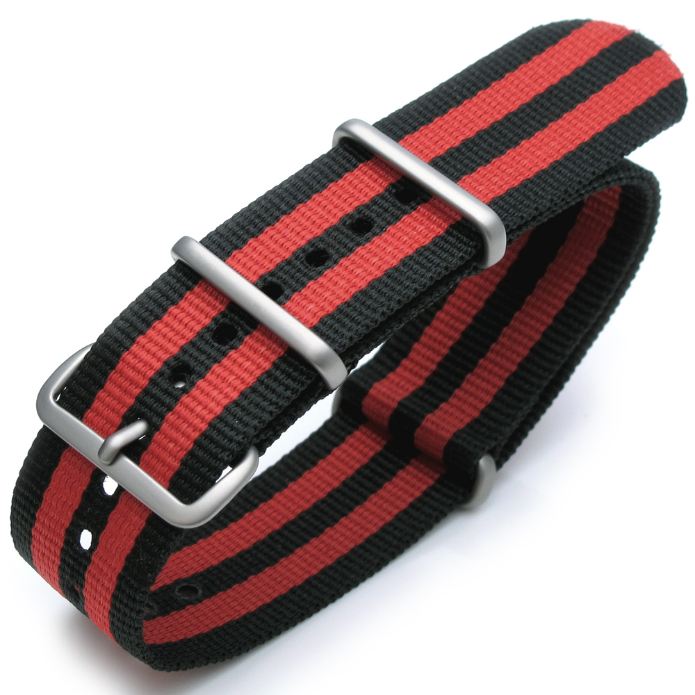 20mm G10 Nato James Bond Heavy Nylon Strap Brushed Buckle - J03 Double Black & Red