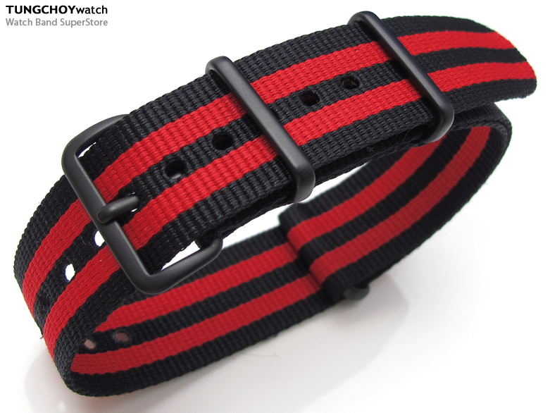 20mm G10 Nato James Bond Heavy Nylon Strap PVD Black Buckle - J03 Double Black & Red