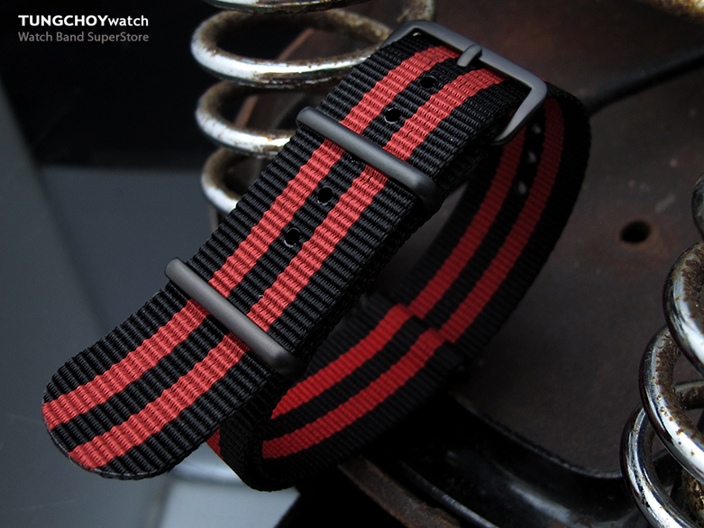 18mm G10 Nato James Bond Heavy Nylon Strap PVD Black Buckle - J03 Double Black & Red