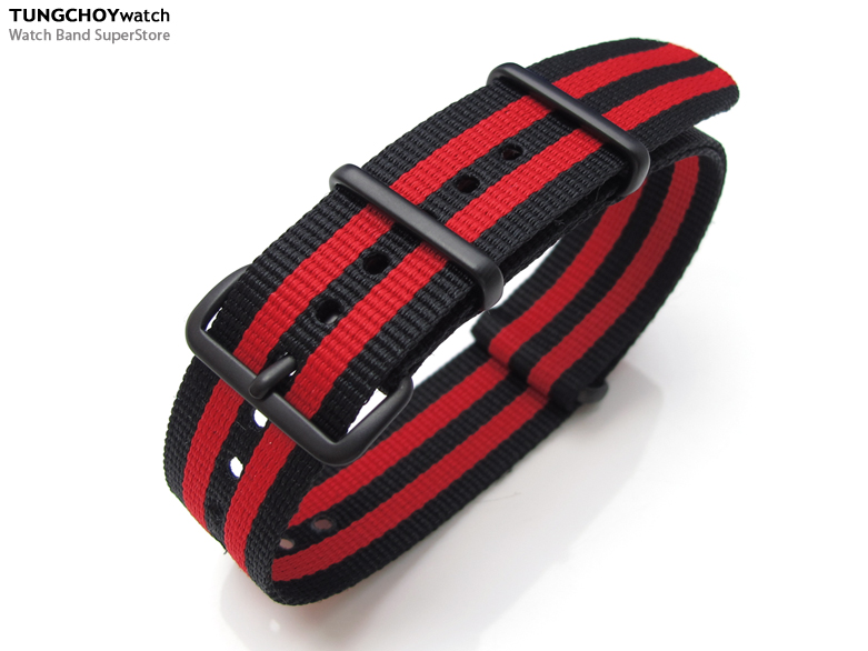 22mm G10 Nato James Bond Heavy Nylon Strap PVD Black Buckle - J03 Double Black & Red