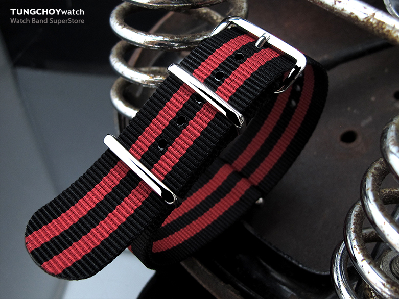 18mm G10 Nato James Bond Heavy Nylon Strap Polished Buckle - J03 Double Black & Red