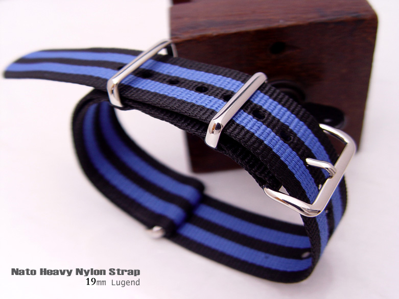 (NATOUS-J09-19P)19mm G10 Nato James Bond Heavy Nylon Strap - Polished Buckle Double Black & Blue Strips