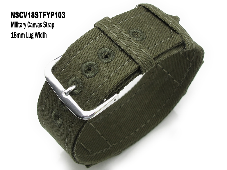 18mm Olive Military Canvas strap, one piece design, WWII series