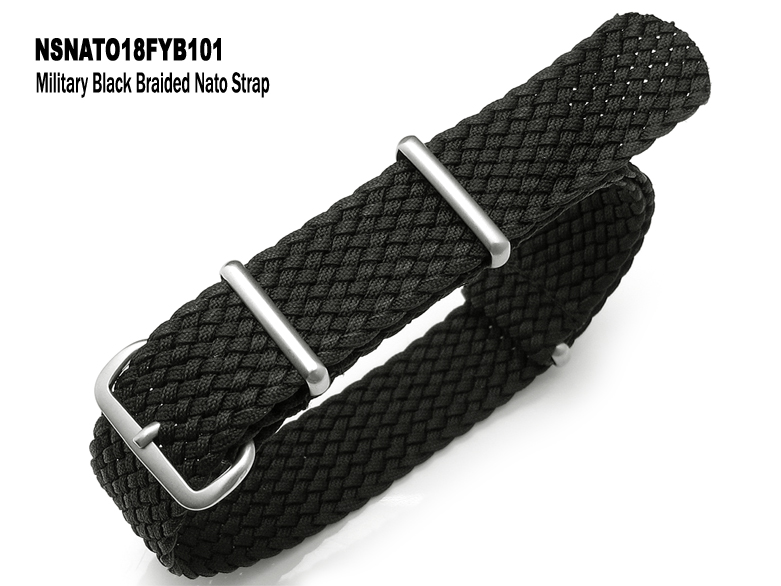 (NSNATO18FYB101)18mm Military Black Braided Nato Strap-Brushed Buckle