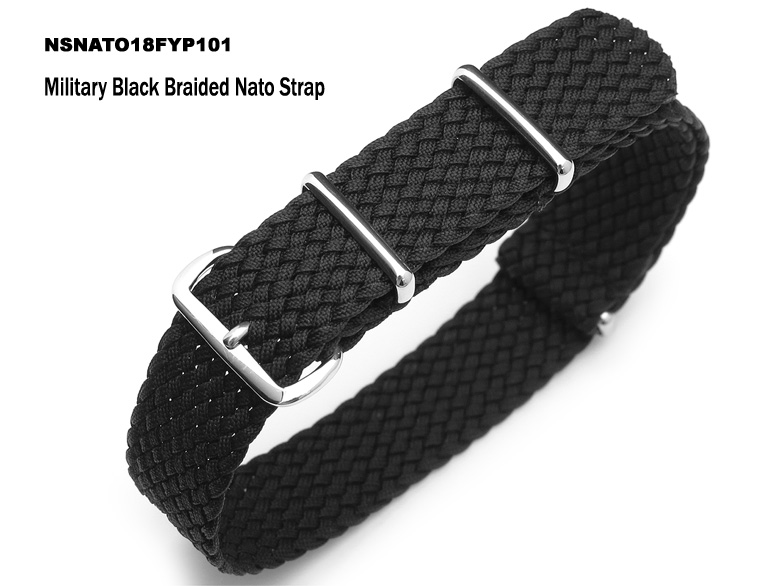 18mm Military Black Braided Nato Strap-Polished Buckle