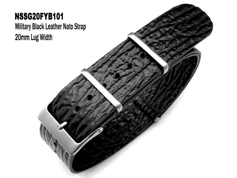(NSSG20FYB101)20mm Military Black Shark Grain leather NATO Strap - Brushed Buckle