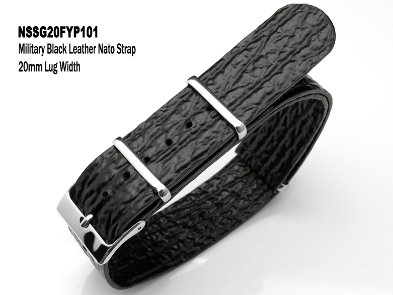 (NSSG20FYP101)20mm Military Black Shark Grain leather NATO Strap - Polished Buckle