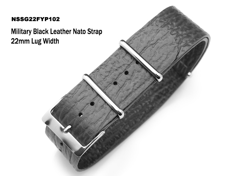 (NSSG22FYP102)22mm Military Grey Shark Grain leather NATO Strap - Polished Buckle