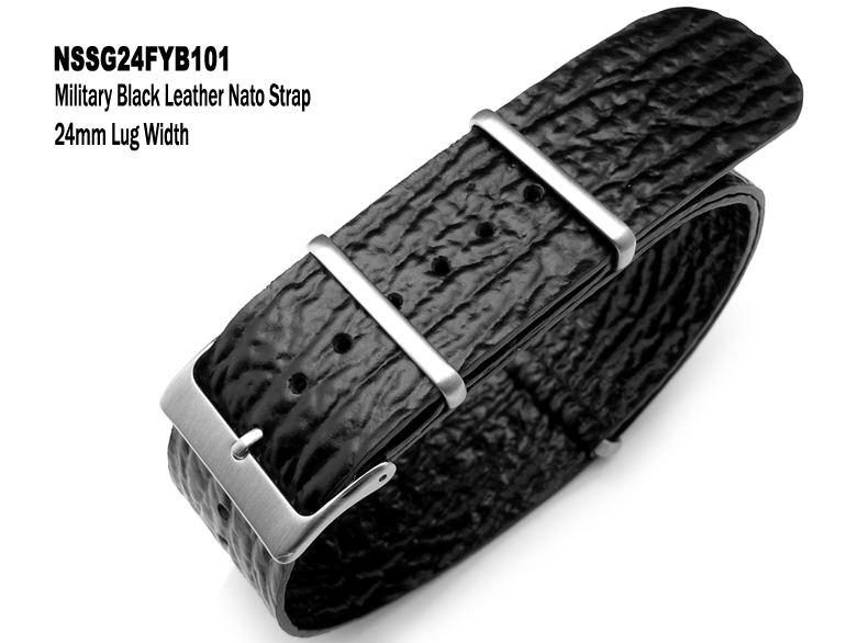 (NSSG24FYB101)24mm Military Black Shark Grain leather NATO Strap - Brushed Buckle