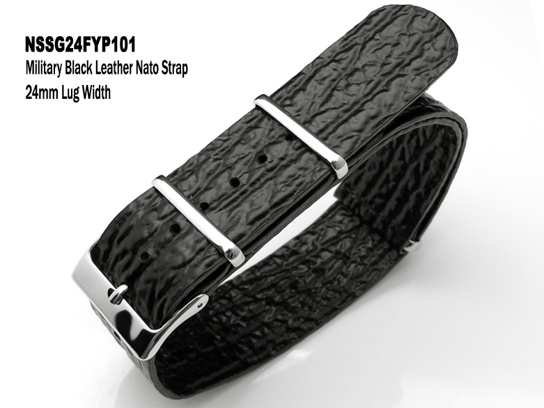 (NSSG24FYP101)24mm Military Black Shark Grain leather NATO Strap - Polished Buckle