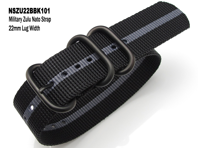 (NSZU22BBK101)22mm Zulu Nylon NATO Strap Striped Black and Grey-PVD Buckle