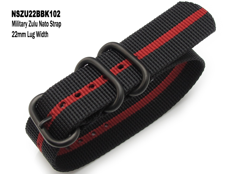 (NSZU22BBK102)22mm Zulu Nylon NATO Strap Striped Black and Red-PVD Buckle