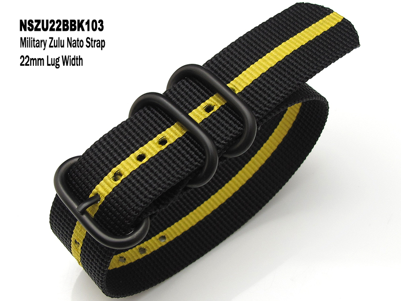 (NSZU22BBK103)22mm Zulu Nylon NATO Strap Striped Black and Yellow-PVD Buckle