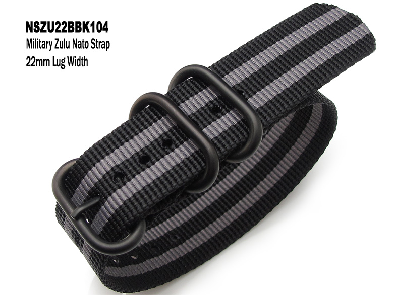 (NSZU22BBK104)22mm Zulu Nylon NATO Strap Striped Black and Double Grey-PVD Buckle