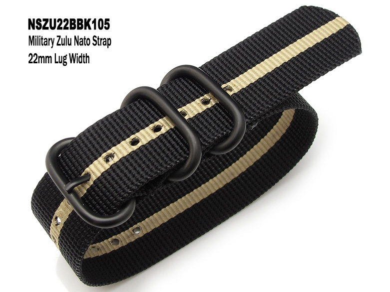 (NSZU22BBK105)22mm Zulu Nylon NATO Strap Striped Black and Desert Tan-PVD Buckle