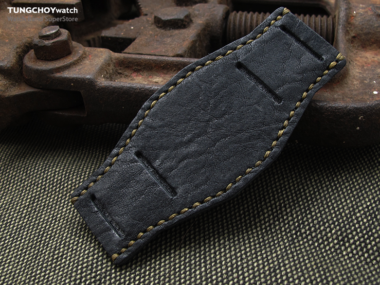 Matte Black Geniune Clafskin Leather BUND Pad for 20mm watch straps, Military Green Wax Stitching, XL