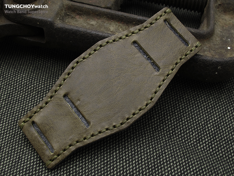 Douglas Green Geniune Clafskin Leather BUND Pad for 20mm watch straps, Military Green Wax Stitching, XL