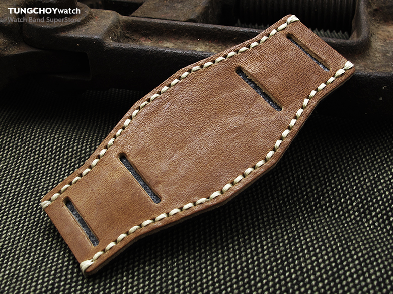 Saddle Brown Geniune Clafskin Leather BUND Pad for 20mm watch straps, Beige Wax Stitching, XL