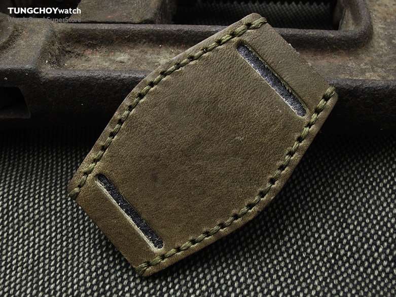 Douglas Green Geniune Clafskin Leather BUND Pad for 20mm - 22mm watch straps, Military Green Wax Stitching