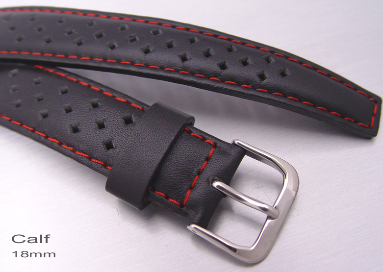 18mm Black Piercing Leather Watch Band Watch Strap Red S