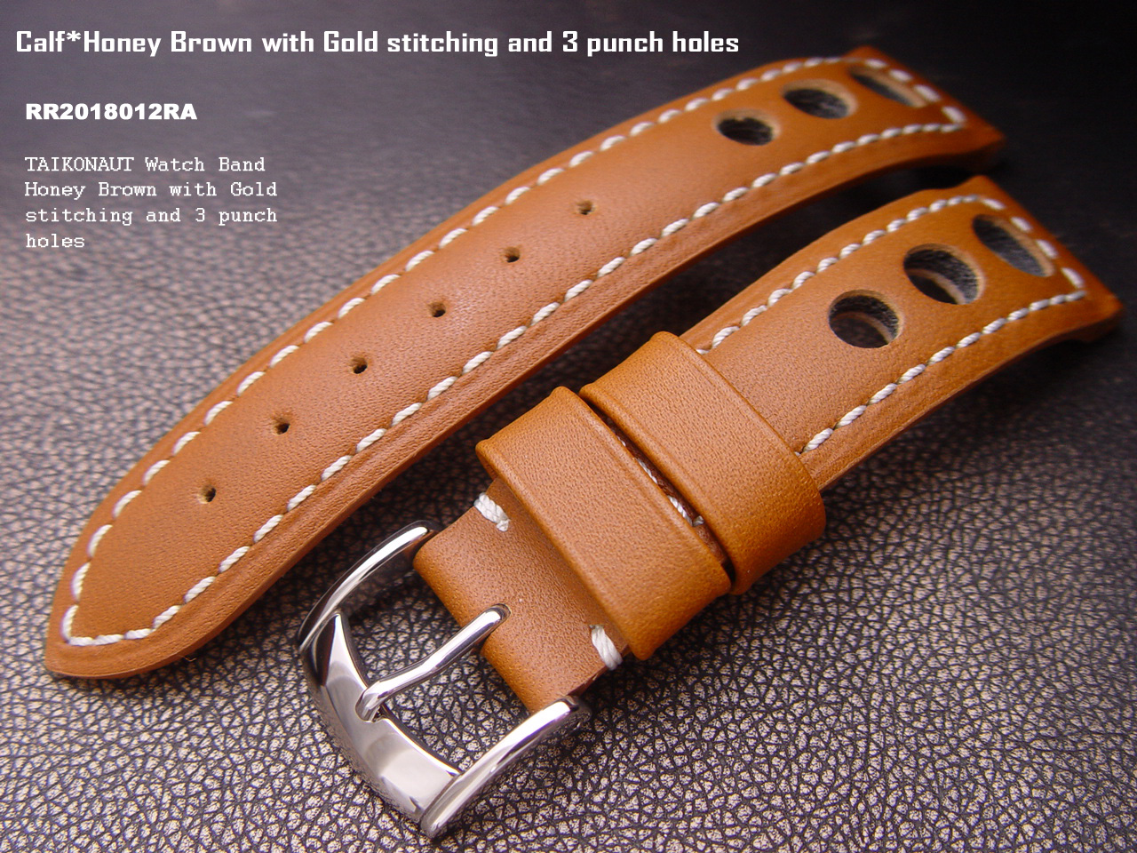 (RR2018012RA)20mm Calf Honey Brown white stitches 3 punch holes design