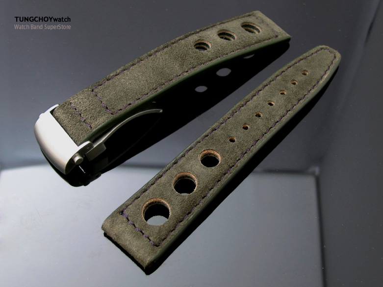 Military Green Suede in Purple Stitching Deployant Watch Strap, 3 punch holes design,20mm or 22mm