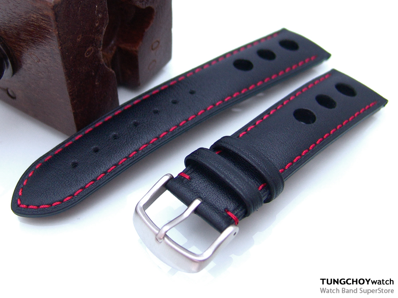 22mm Sport Racer Punch Holes Black Watch Band Watch Strap Red S
