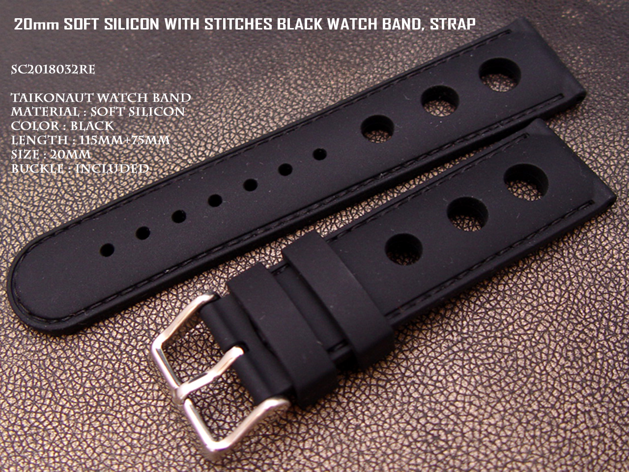 20mm Black Soft Silicone Diver Watch Band Hole Punch Watch Band Red Stitches