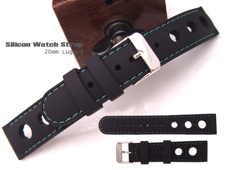 20mm Black Soft Silicone Diver Watch Band Hole Punch Watch Band Green Stitches