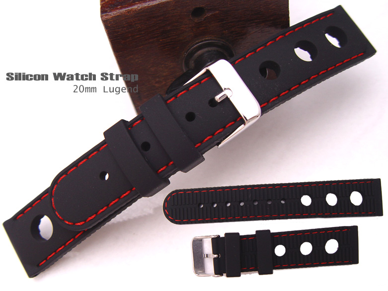 20mm Black Soft Silicone Diver Watch Band Hole Punch Watch Band Red Stitches